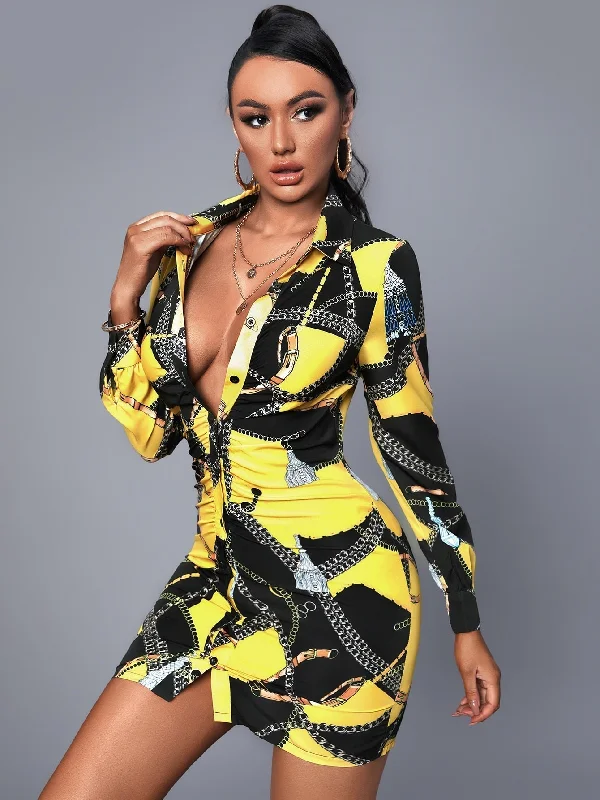 Deal Explosion KittenAlarm - Chain Print Colorblock Ruched Button Up Shirt Dress