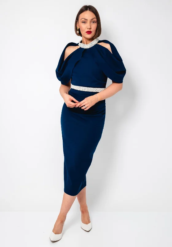 Early Bird Discount Kevan Jon Jenni Pearl Embellished Pencil Dress, Navy