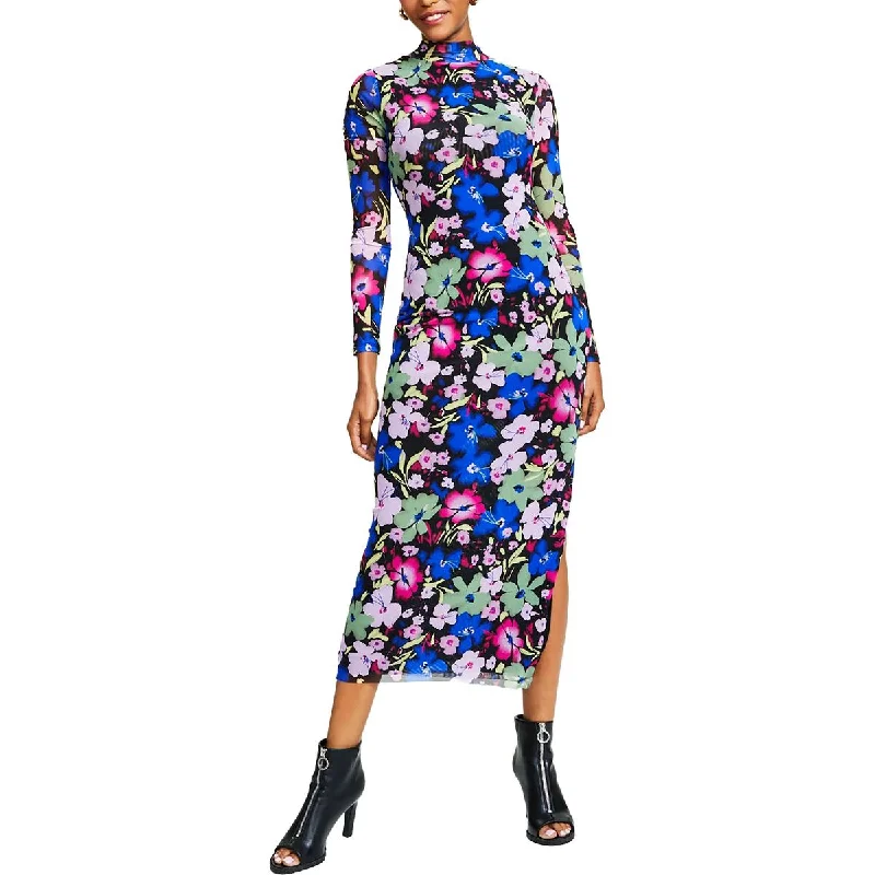 Exclusive Offers Petites Womens Floral Print Mock Neck Midi Dress