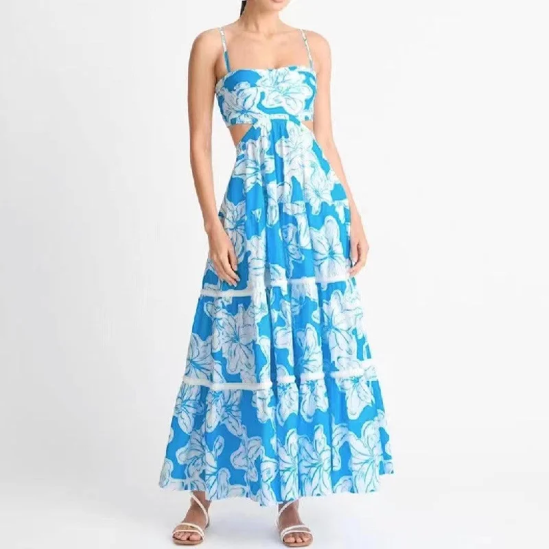 Special Discount KittenAlarm - Diane Spaghetti Strap Hollow Out Aloha Print Maxi Dress