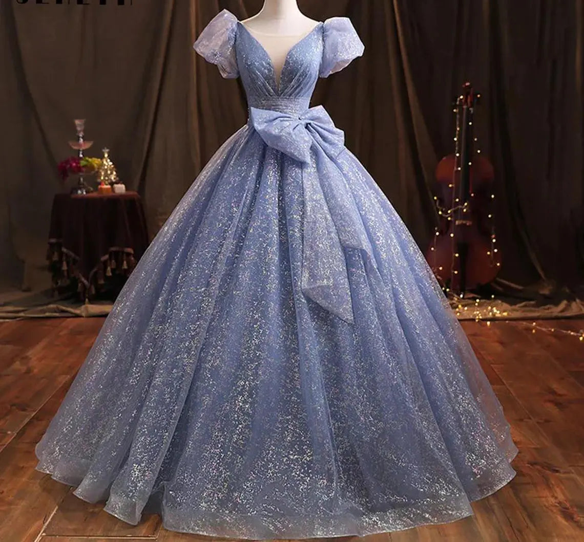 Early Access Ballgown, Prom Dress, Quinceanera Dress, Short Sleeves Ballgown, Blue Sparkly Ballgown Early Access Ballgown, Prom Dress, Quinceanera Dress, Short Sleeves Ballgown, Blue Sparkly Ballgown