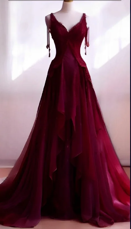 Can't Miss Burgundy Straps A-Line Long Prom Dress Formal Evening Gown, DP4522