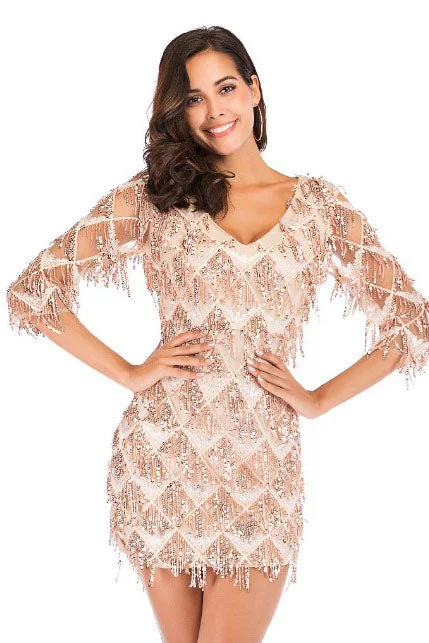 Massive Deals Half Sleeves Short Gold Party Dress with Tassel / Sequins