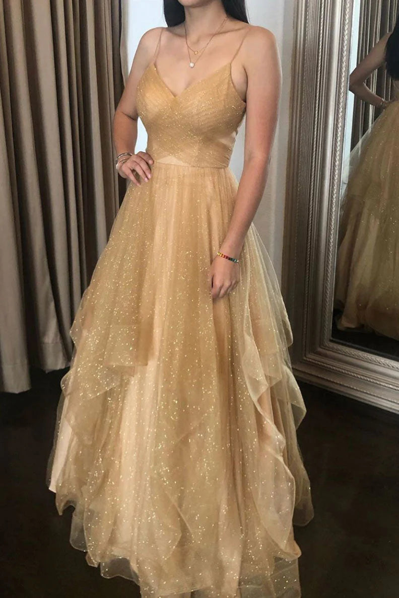 Massive Deals Glitter Tulle A-Line V-Neck Spaghetti Straps Party Prom Dress