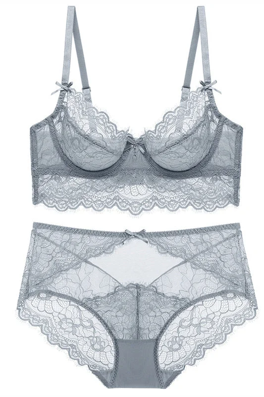 Epic Deals Illusion Light Grey Lace Lingerie Set