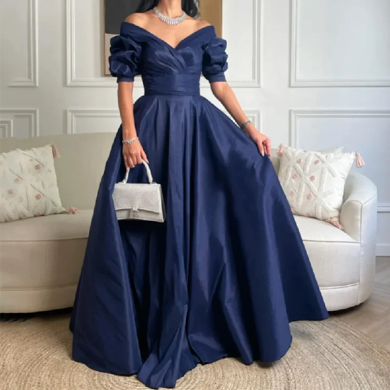 Discount Mania Elegant Navy Blue Off Shoulder A-Line Long Prom Dress, DP2222