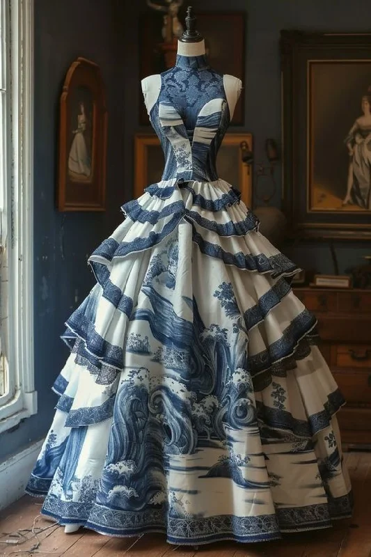Daily Deals Vintage Sleeveless Printed A-Line Tiered Long Prom Dress Evening Gown, DP4520