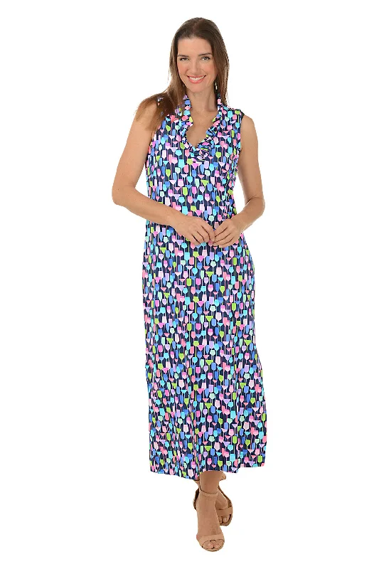 Special Savings Wine Glasses UPF50+ Ruffle Neck Sleeveless Maxi Dress
