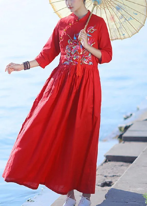 Inventory Reduction Elegant red embroidery linen Robes v neck drawstring summer Dresses