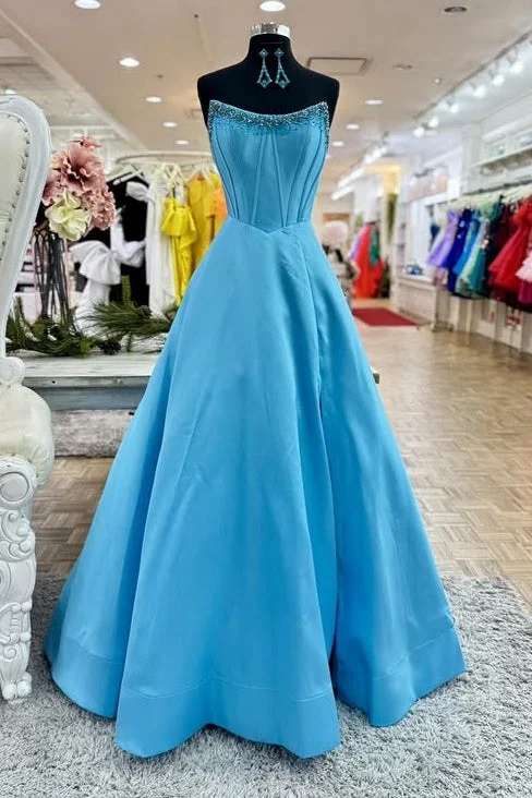 Markdown Madness Beaded Strapless Satin A-Line Long Party Prom Dress