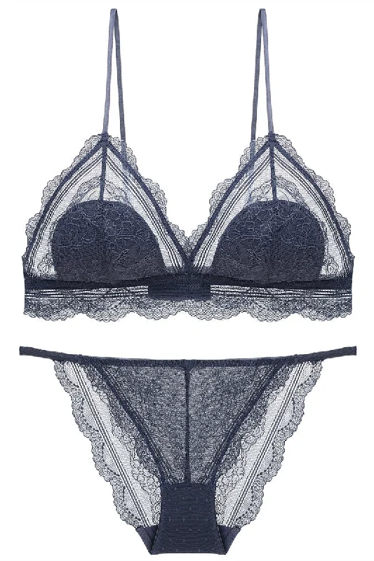 New Deals Sexy Triangle Dark Blue Lace Lingerie Set