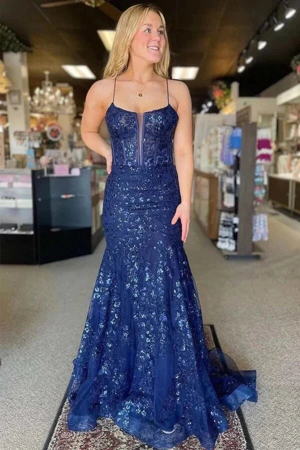 New Arrival Navy Blue Mermaid Bateau Tulle Appliques Party Prom Dress