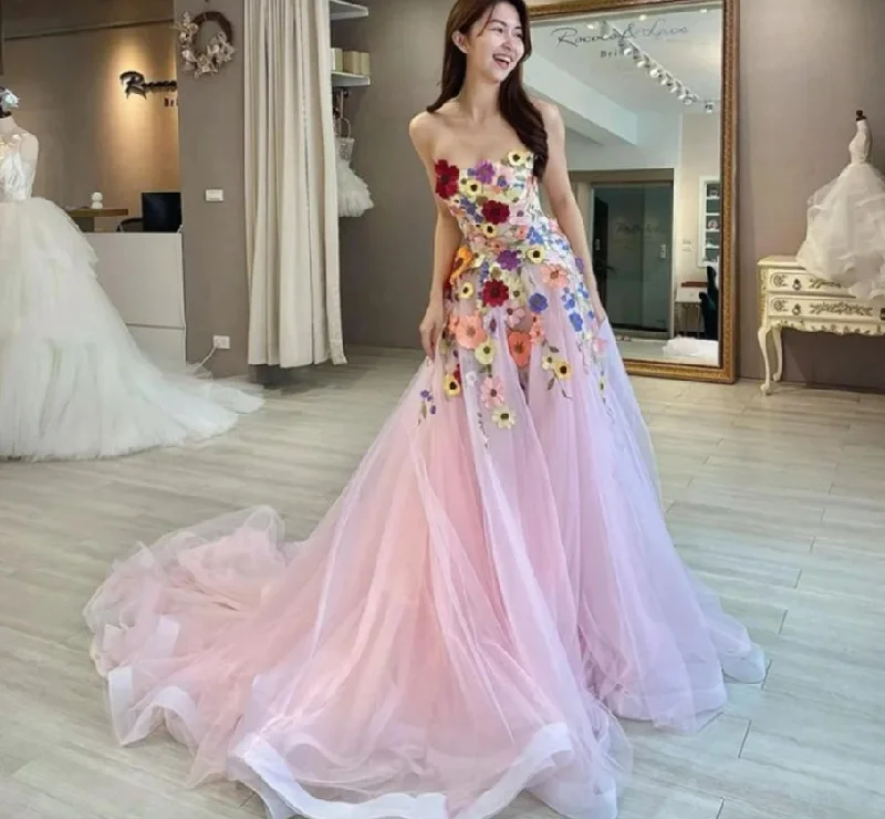 Fantastic Offers Elegant Long Strapless Pink Tulle Prom Dresses Sleeveless with 3D Appliques A Line Sweep Train Fantastic Offers Elegant Long Strapless Pink Tulle Prom Dresses Sleeveless with 3D Appliques A Line Sweep Train
