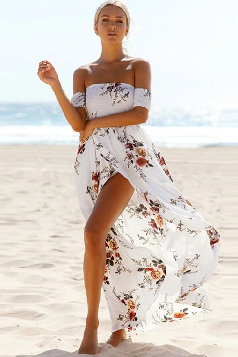 Epic Deals Off Shoulder Super-Elastic White Floral Summer Dress with Slit
