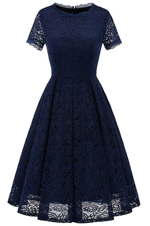 Price Cut Short Sleeves Jewel Neck Lace Short Pink Party Dress