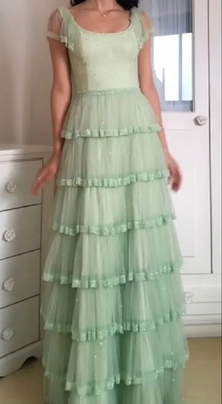 Instant Discount Sage Green A-Line Tiered Elegant Long Prom Dress, DP2053