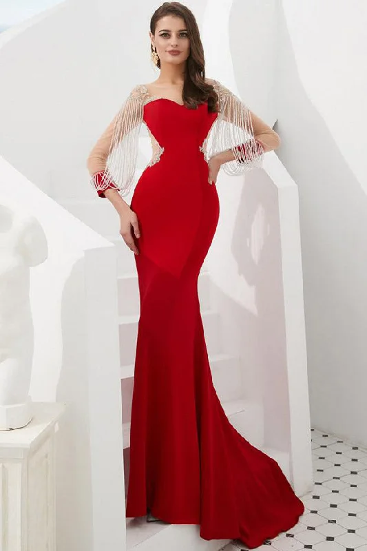 Inventory Reduction Mermaid Red Long Prom Evening Gown with Tassel Sleeves