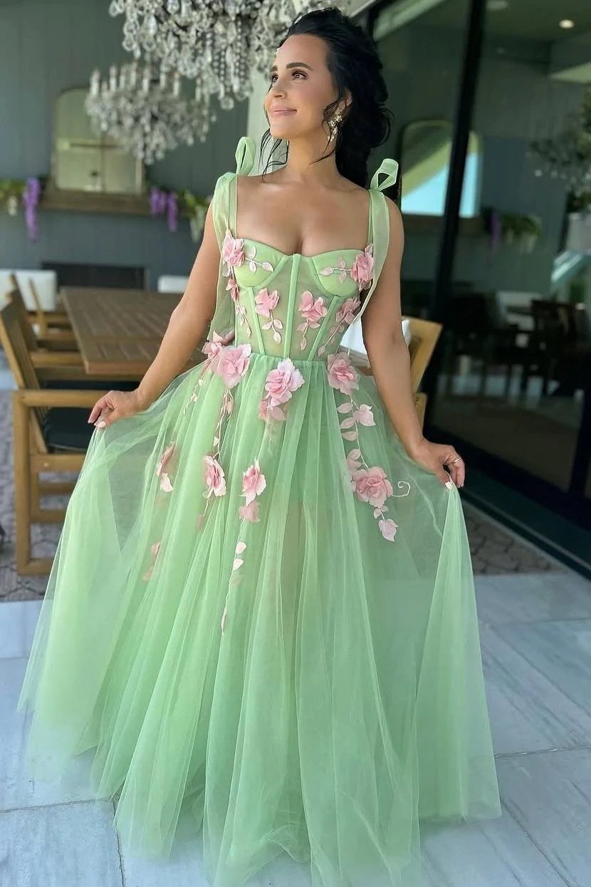 Price Slash Green Tulle A-Line Sweetheart Floral Party Prom Dress