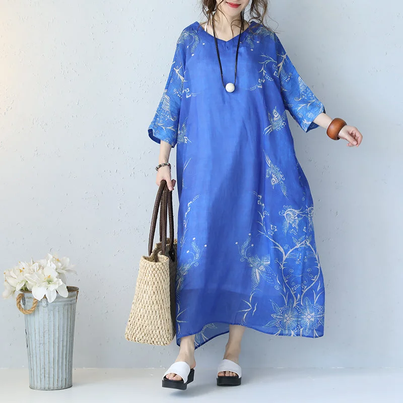 The Best Prices Fine blue prints long linen dress trendy plus size v neck gown Fine bracelet sleeved kaftans The Best Prices Fine blue prints long linen dress trendy plus size v neck gown Fine bracelet sleeved kaftans