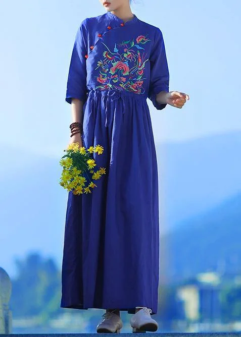 Grand Opening Sale Classy v neck drawstring linen dress Shape blue embroidery Dresses summer
