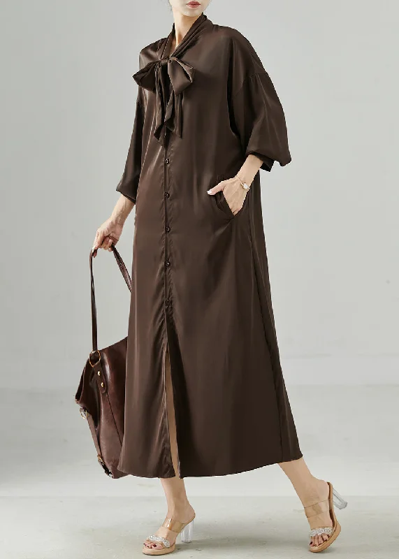 Buy Now French Chocolate Lace Up Draping Silk Shirt Dresses Spring