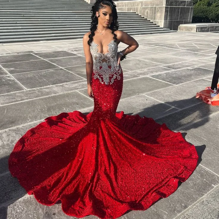 Flash Sale red mermaid prom dress long sequined dresses