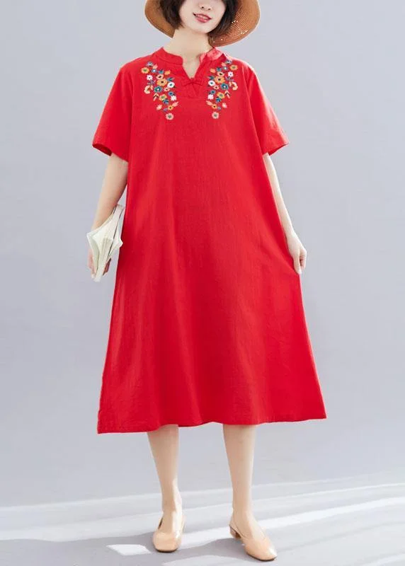 Limited Quantity Chic embroidery cotton clothes linen red Dresses summer