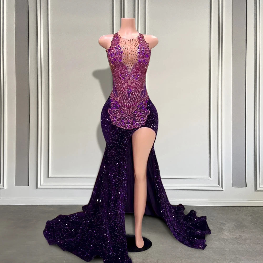 Loyalty Reward Stunning Purple High Slit Sequin Prom Dresses 2025 Long Beaded Crystals Luxurious Birthday Gowns for Black Girls Customized Loyalty Reward Stunning Purple High Slit Sequin Prom Dresses 2025 Long Beaded Crystals Luxurious Birthday Gowns for Black Girls Customized