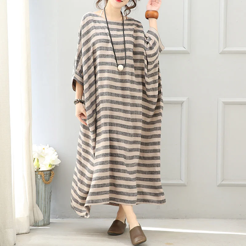 The Best Prices Elegant gray striped long linen dresses Loose fitting o neck gown fine batwing sleeve kaftans The Best Prices Elegant gray striped long linen dresses Loose fitting o neck gown fine batwing sleeve kaftans