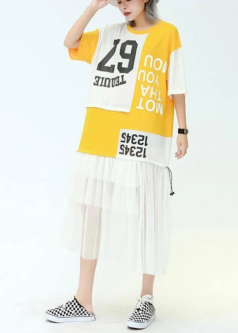 Buy More, Save More Bohemian o neck patchwork tulle cotton dress yellow print long Dresses summer