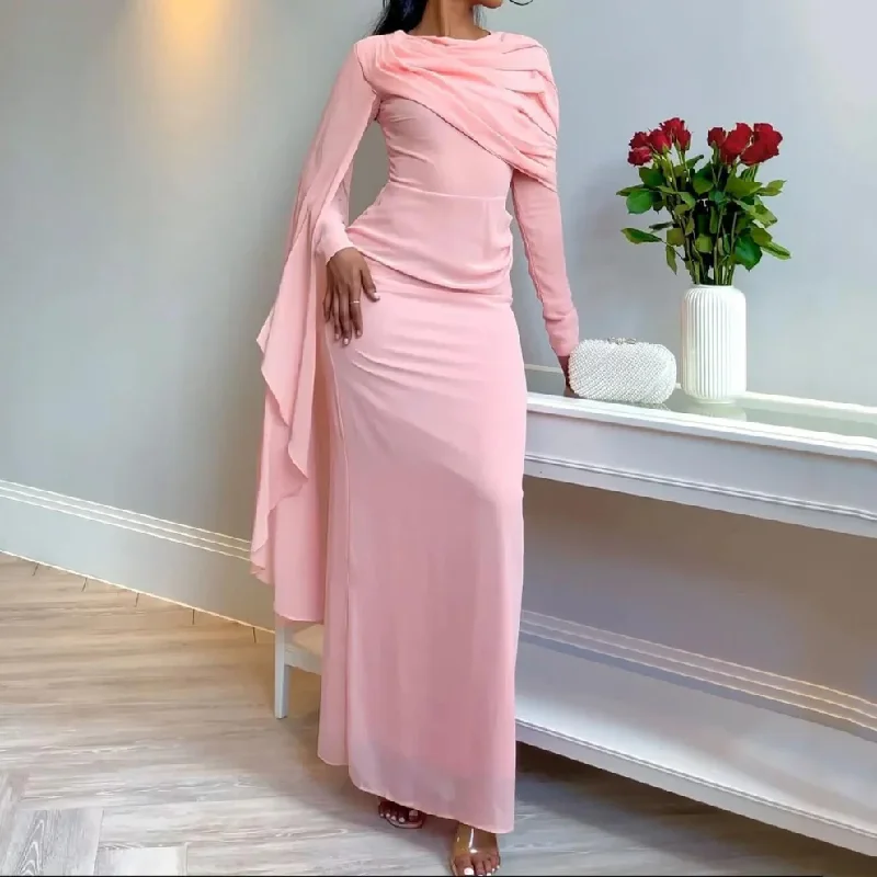 Value Deals Pink Chiffon Pleated Long Sleeves Modest Evening Dress, DP2226