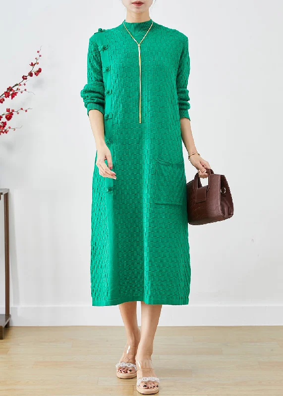 Online Exclusive Fashion Green Plaid Chinese Button Knitwear Dress Winter