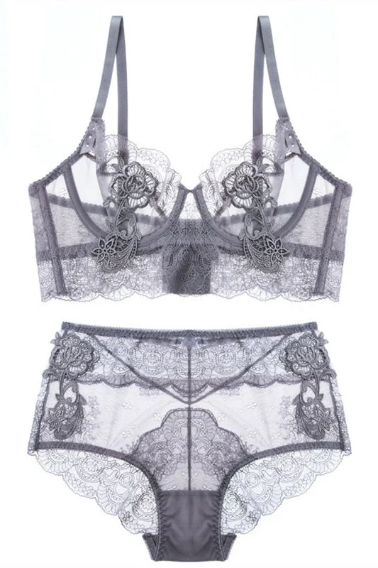 Super Bargain Free Shipping Illusion Grey Lace Lingerie Set