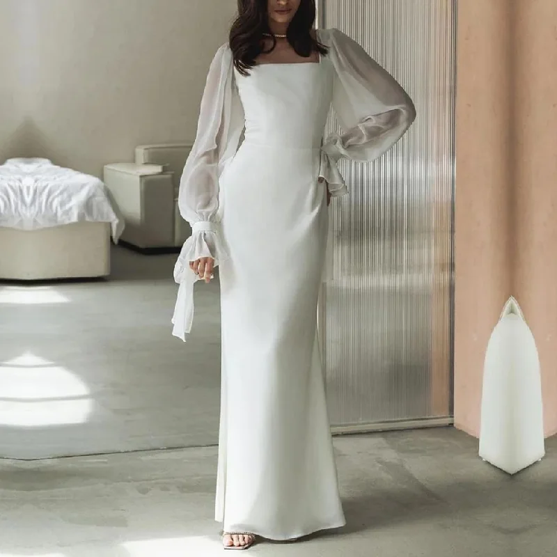 Midnight Madness Simple White Elegant Long Sleeves Evening Party Dress, DP2232