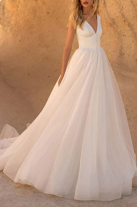 Price Rollback Tulle A-Line V-Neck Sleeveless Beach Wedding Dress