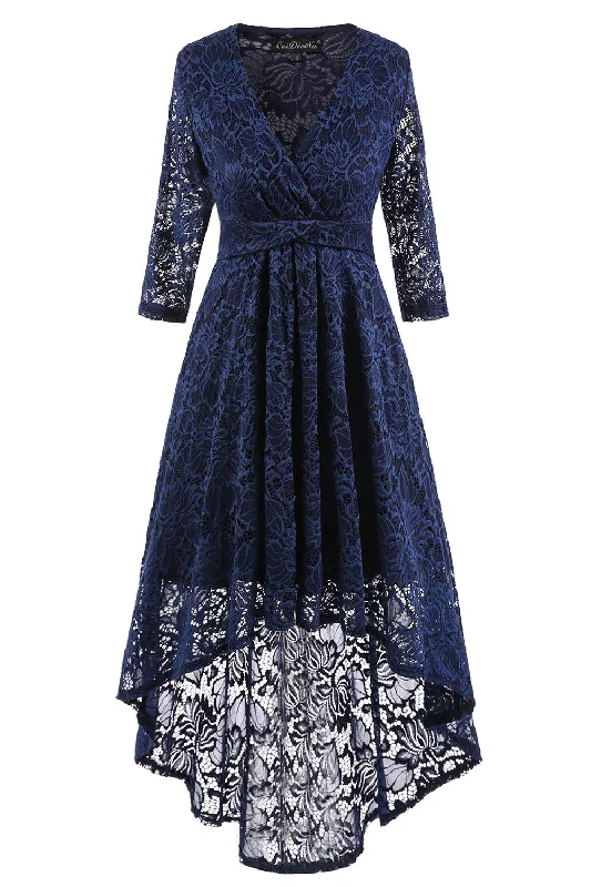 Take Advantage Asymmetry V-Neck Lace Navy Blue Party Dress