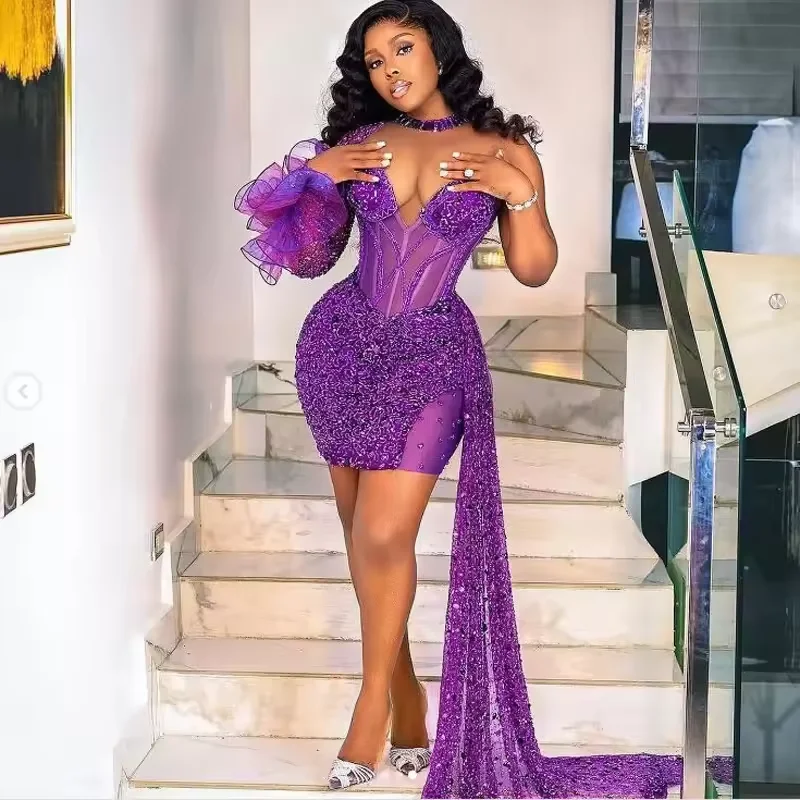 Deal Zone Elegant Purple Sequins Beaded Short Prom Dress with Side Train Black Girls Women's Dresses Sheer V Neck Party Gowns Deal Zone Elegant Purple Sequins Beaded Short Prom Dress with Side Train Black Girls Women's Dresses Sheer V Neck Party Gowns