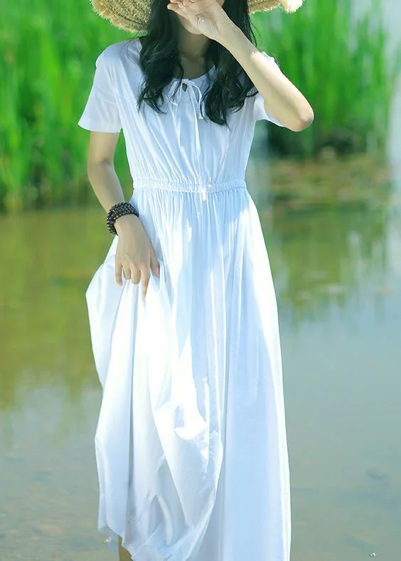 Deal Frenzy DIY o neck drawstring cotton tunic pattern Sleeve white A Line Dresses summer