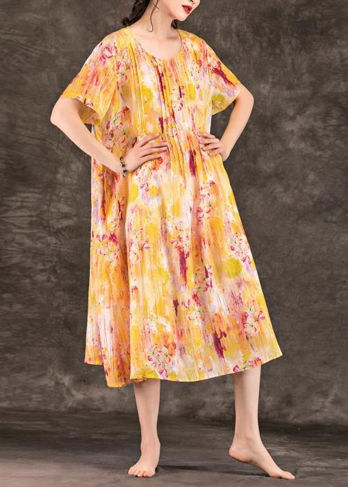 Discount Days Bohemian o neck pockets linen clothes For Women Tutorials yellow print Dress summer