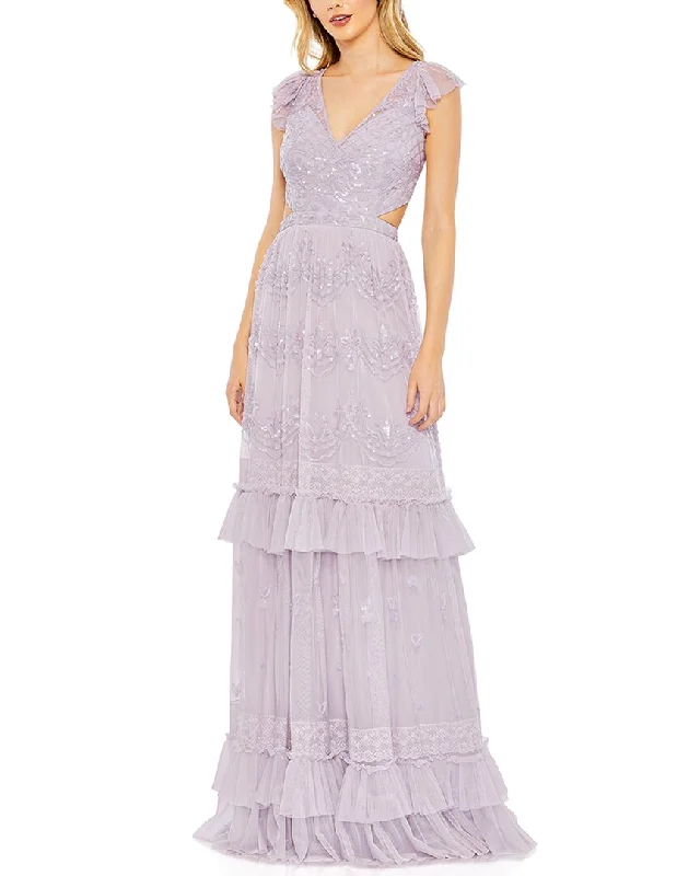 Big Savings Mac Duggal Sequined Ruffled Cap Sleeve Cut Out Tiered Gown