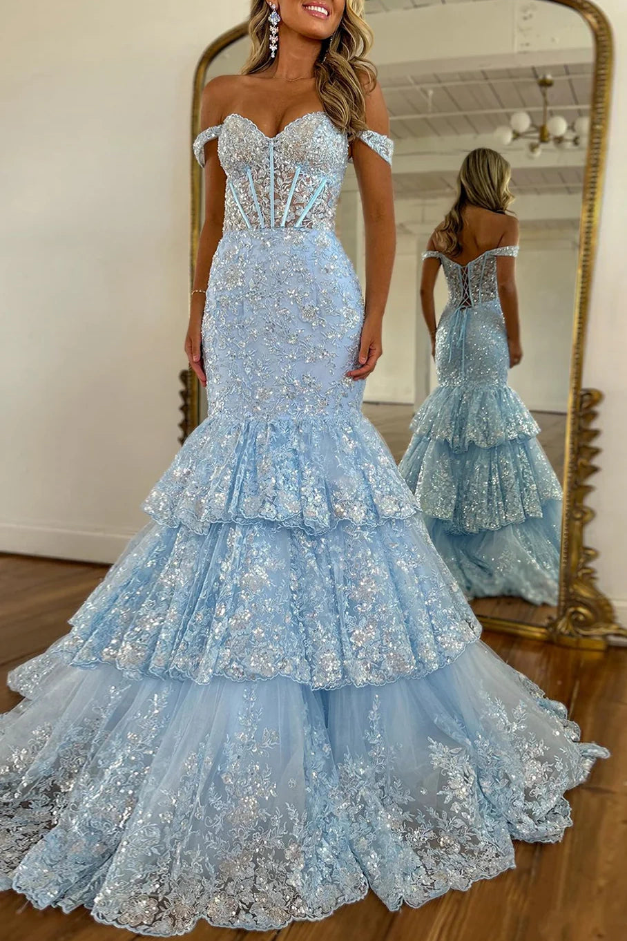 Special Offer Mermaid Off-Shoulder Lace Tiered Party Prom Dress