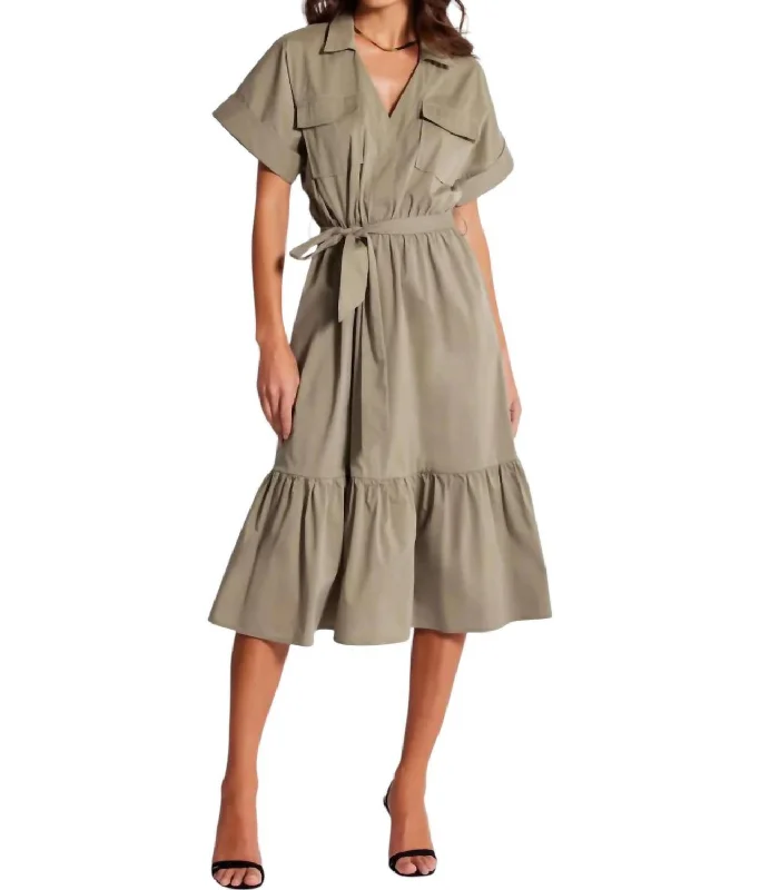 Act Fast Tyra Poplin Tiered Dress In Olive