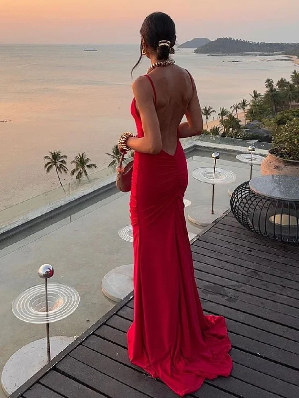 Deal of the Day Sexy Backless Red Mermaid Evening Dress Long Prom Dress Y7865