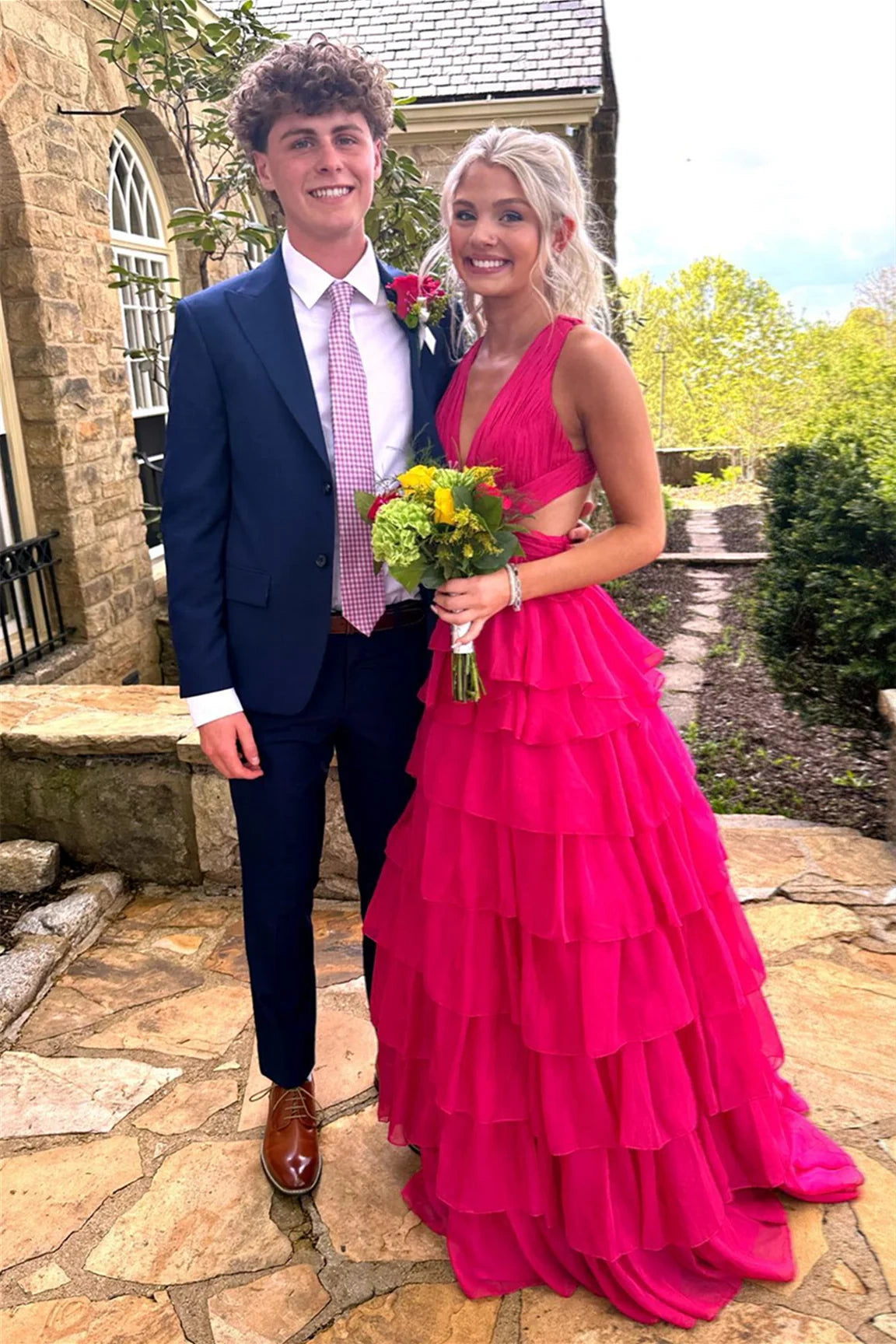 Best Bargains V-Neck Sleeveless A-Line Tiered Party Prom Dress