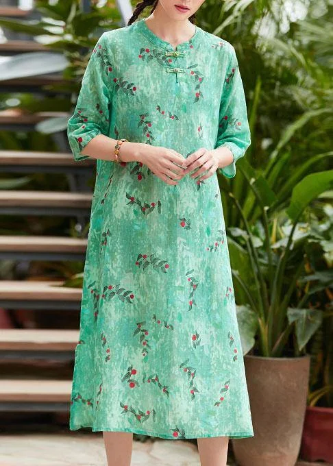 Massive Deals Chic green print linen Robes o neck Chinese Button summer Dresses