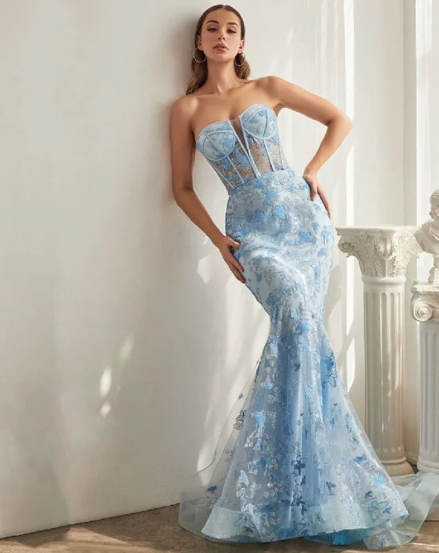 Overstock Mia Corset Butterfly Print Gown - Light Blue