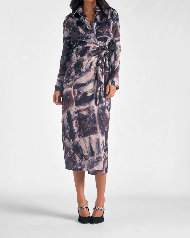Epic Deals Long Sleeve Wrap Dress In Blue Marble Print