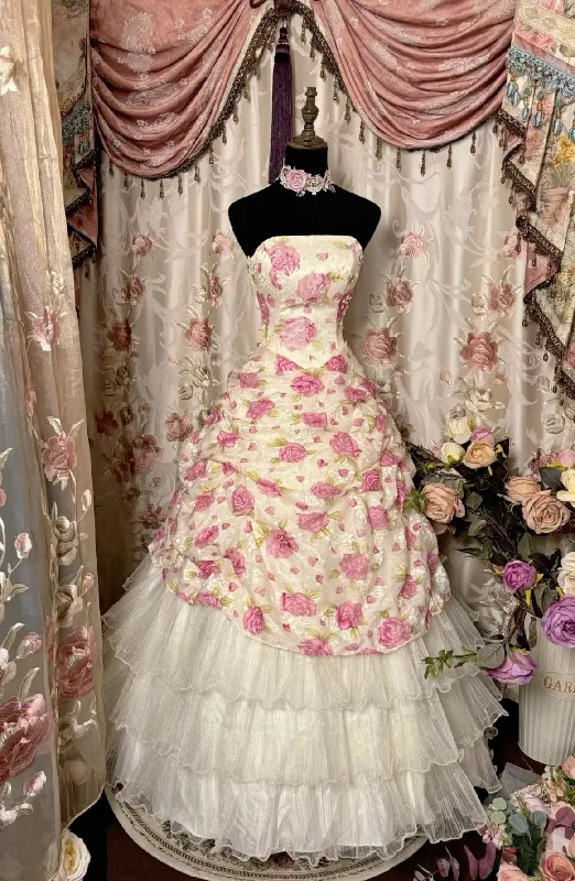 Exclusive Savings Strapless A-Line Floral Tiered Vintage Long Prom Dress Evening Gown, DP4517 Exclusive Savings Strapless A-Line Floral Tiered Vintage Long Prom Dress Evening Gown, DP4517