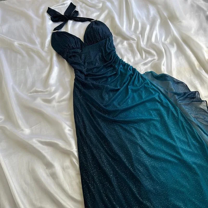Early Access Teal V Neck Halter Shiny Vintage Long Prom Dress, DP2119