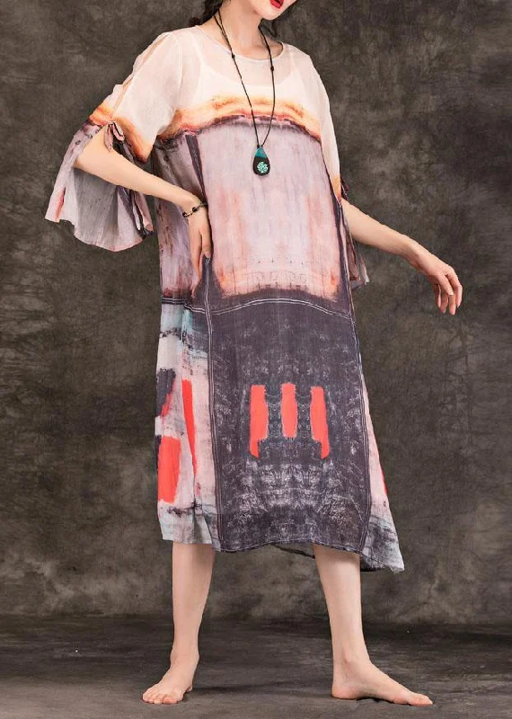 New Markdowns Art multicolor linen clothes For Women o neck side open shift summer Dress